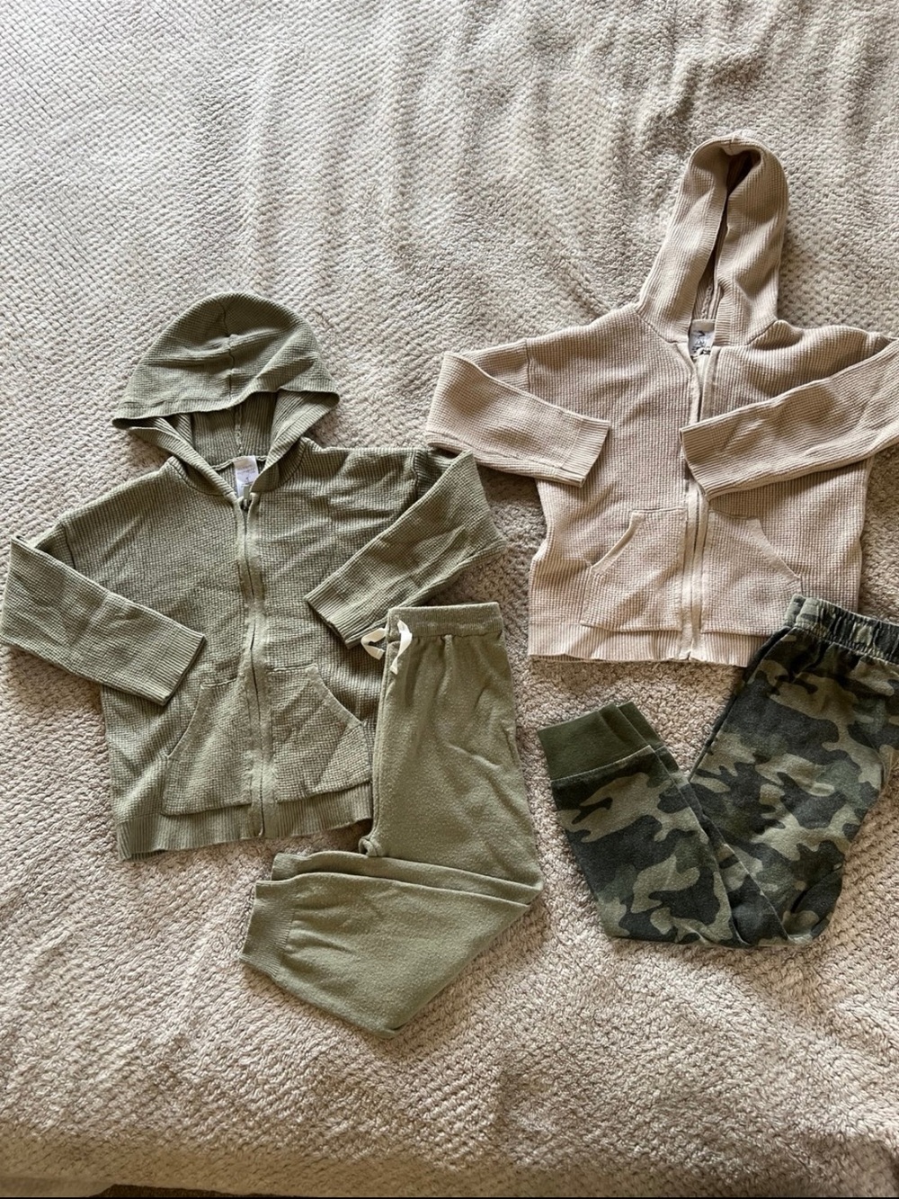 Kids Hooded Zip Set - Olive Green & Beige with Camo Joggers